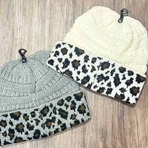 Leopard Print Knit Beanie Hat | Gray & Brown | Soft & Cozy | New